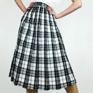 Vintage Plaid Pleated Linen-Blend Midi-Skirt | Size 24”-25”